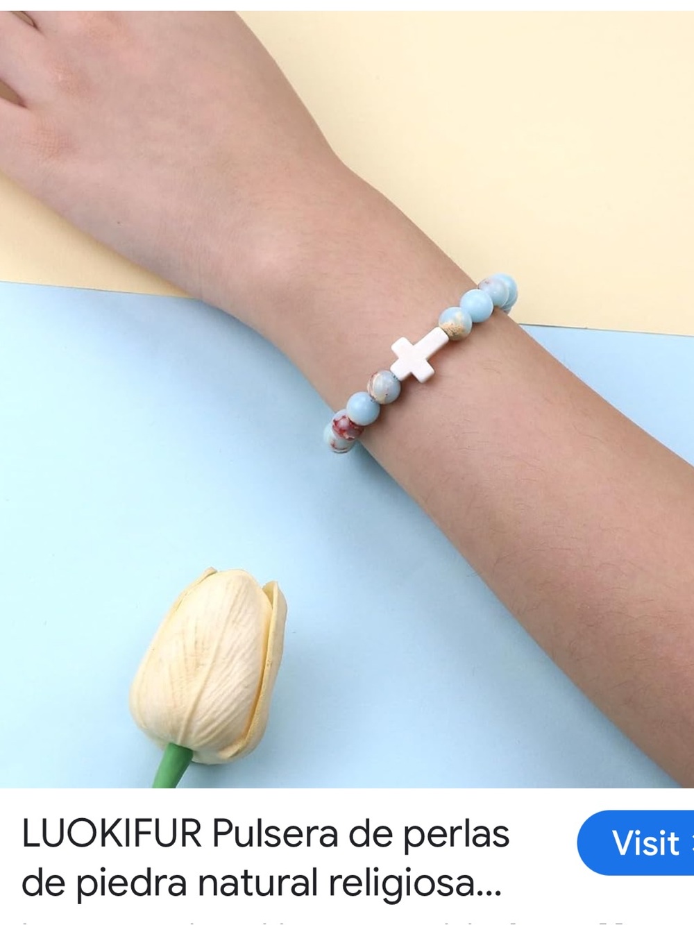 #2642**Handcrafted Light Blue Gemstone Stretch Bracelet with White Cross - Picture 3 of 17
